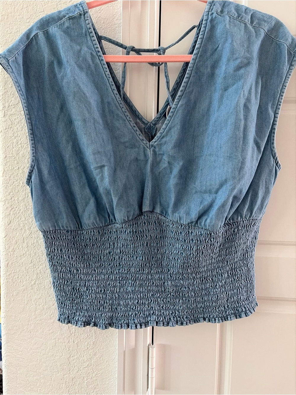 Old Navy Light Blue Smocked V-Neck Crop Top